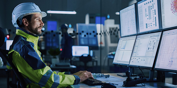 Person in reflective clothes looking at monitors