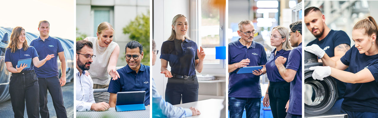 A collage shows multiple scenes of professionals collaborating in different work environments at GF..